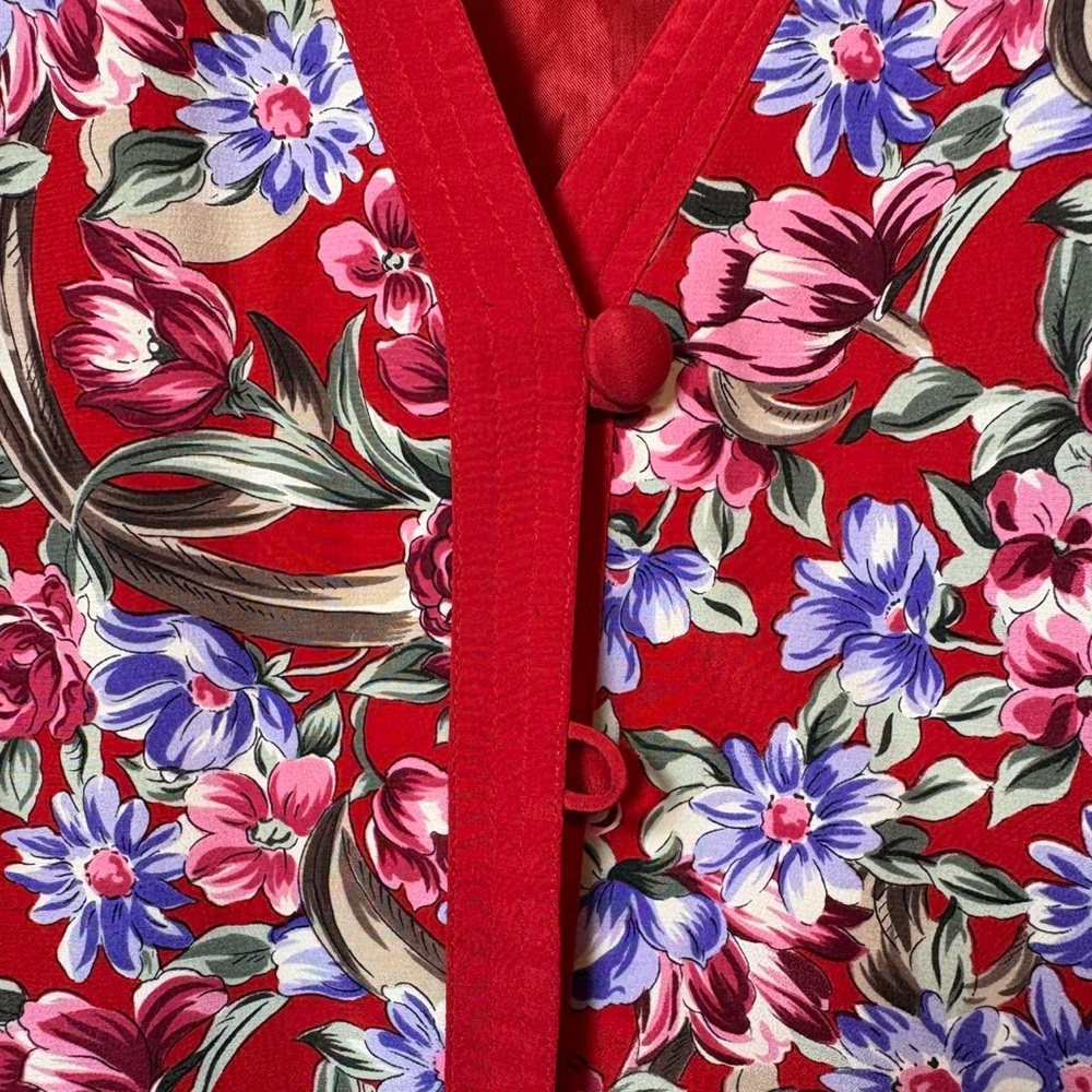 Vintage 100% silk red floral brocade puff sleeve Richard Warren jacket - Picture 4 of 8